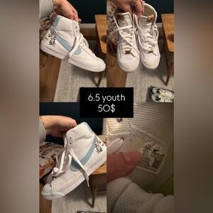 Nike White High-Top Sneakers with Light Blue Swoosh and Floral Accent